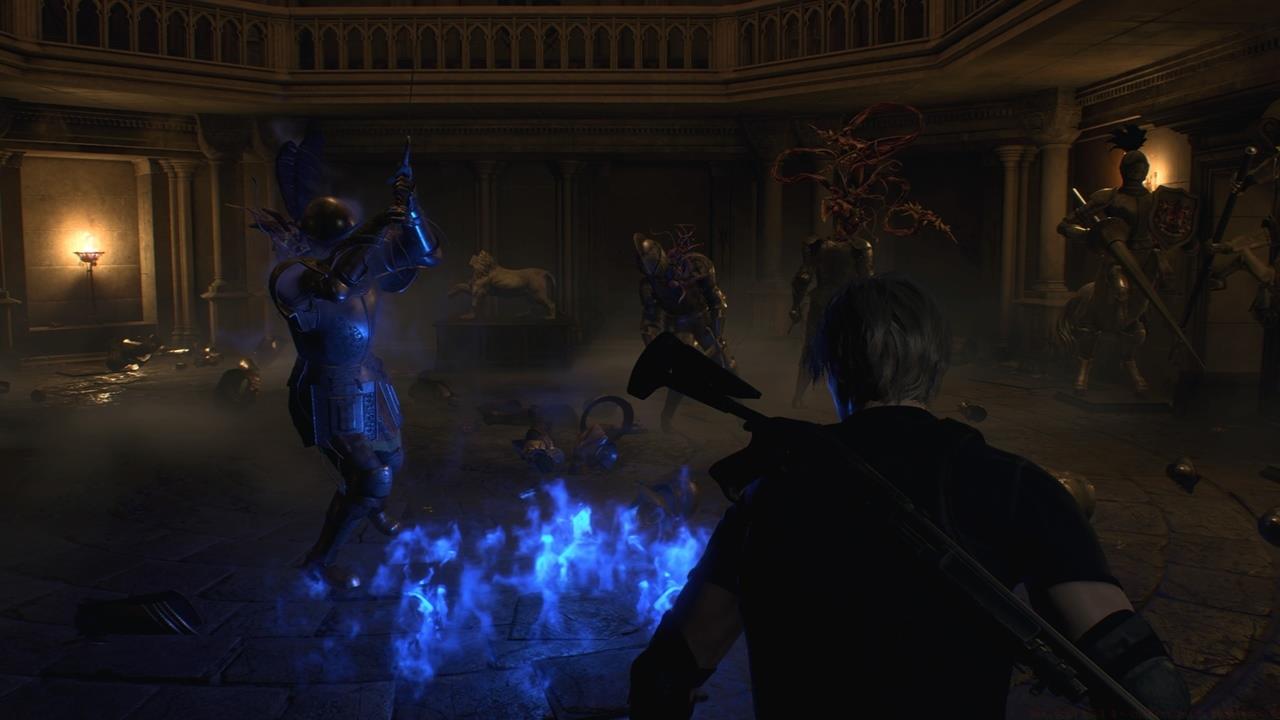 Bait the cursed knights to walk straight in to the blue flames, stunning them and allowing you to go for a roundhouse kick. This will cause the main tentacles to emerge for easy shooting.