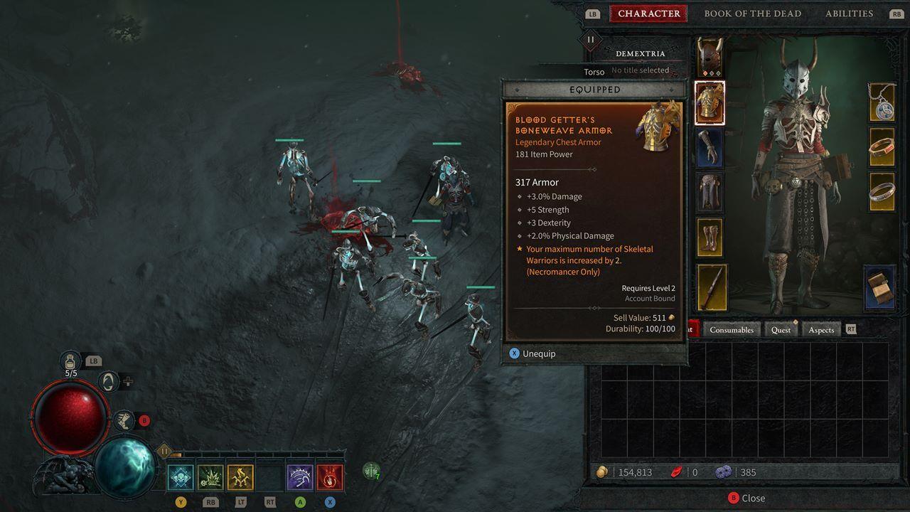 Be on the lookout for legendary items that affect your minions. For instance, the Blood Getter's Boneweave Armor increases the number of Skeletal Warriors by two more undead.