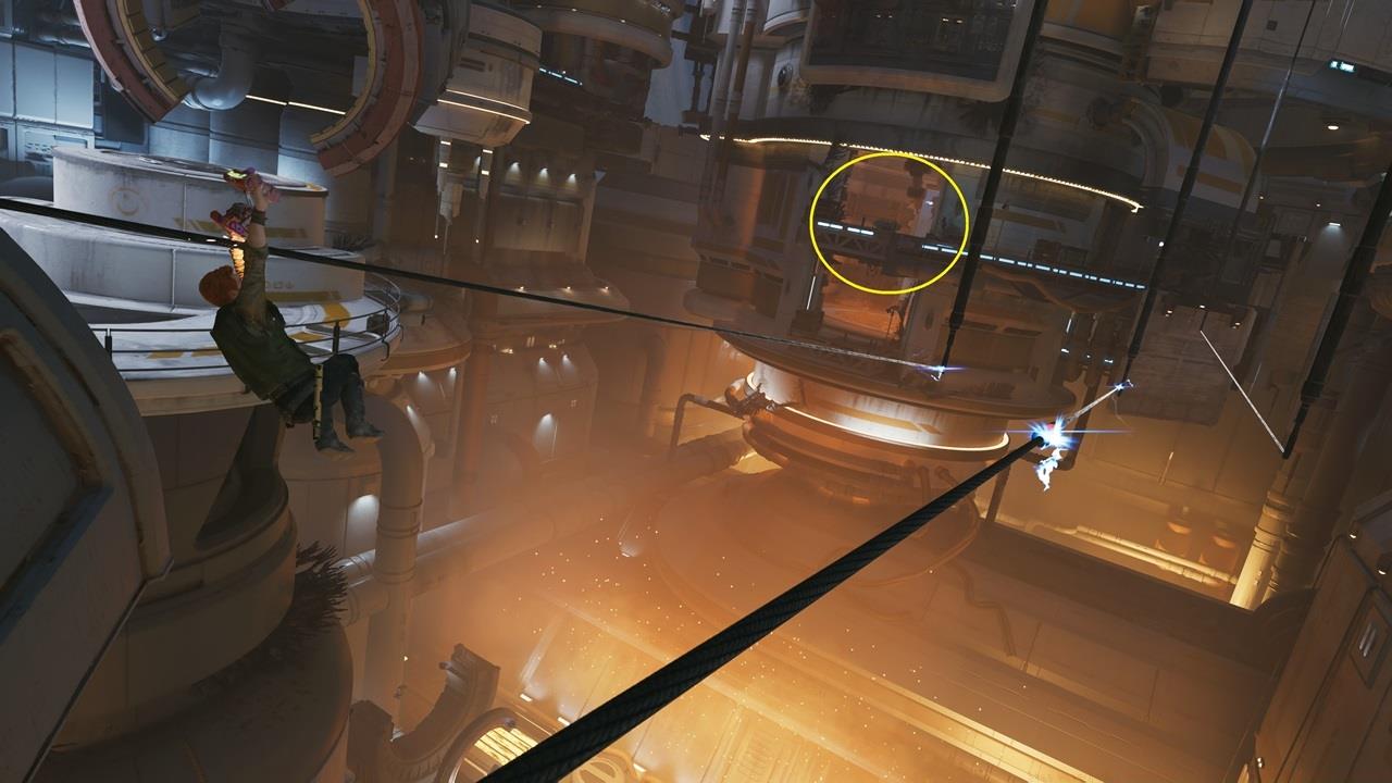 Get across the ziplines and wall run to reach the distant building. You can grab the Stim canister from there.