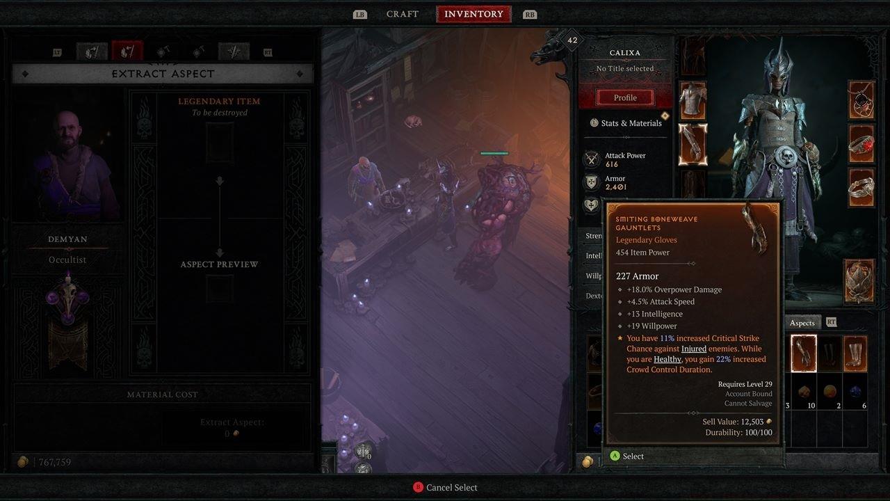 Extracting a Legendary Aspect from a gear piece