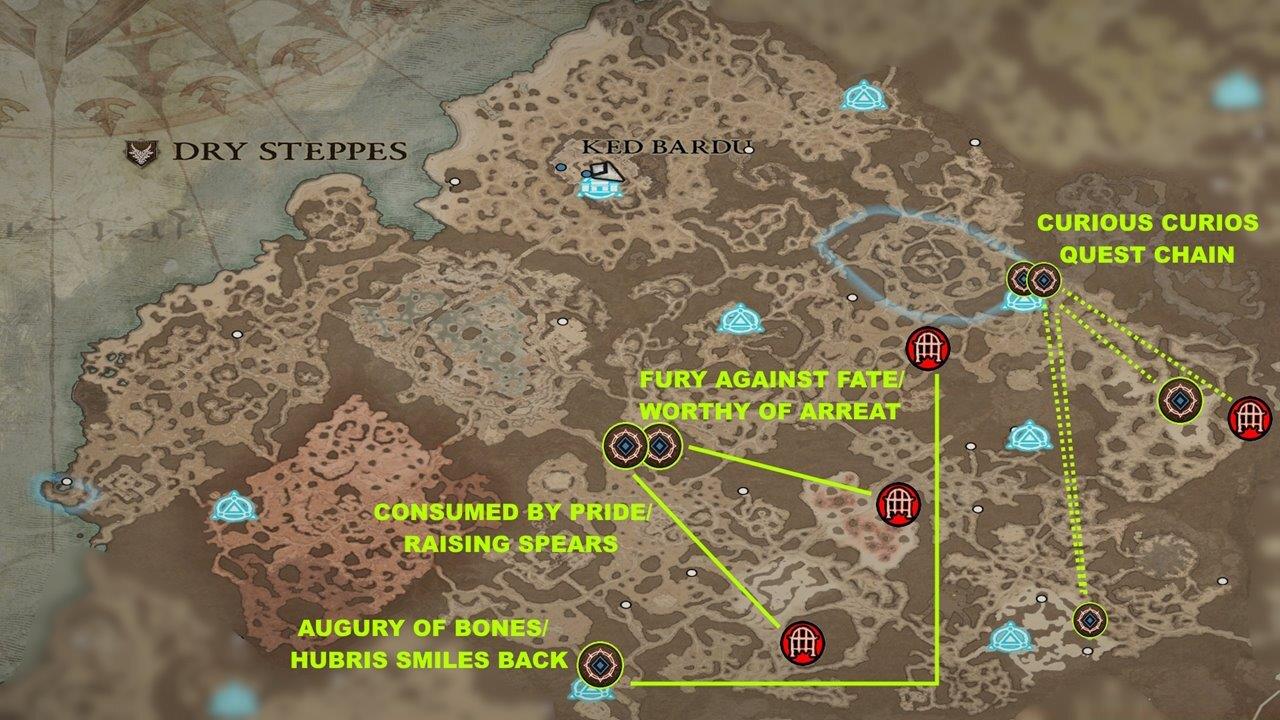 Dry Steppes dungeons with side quests map