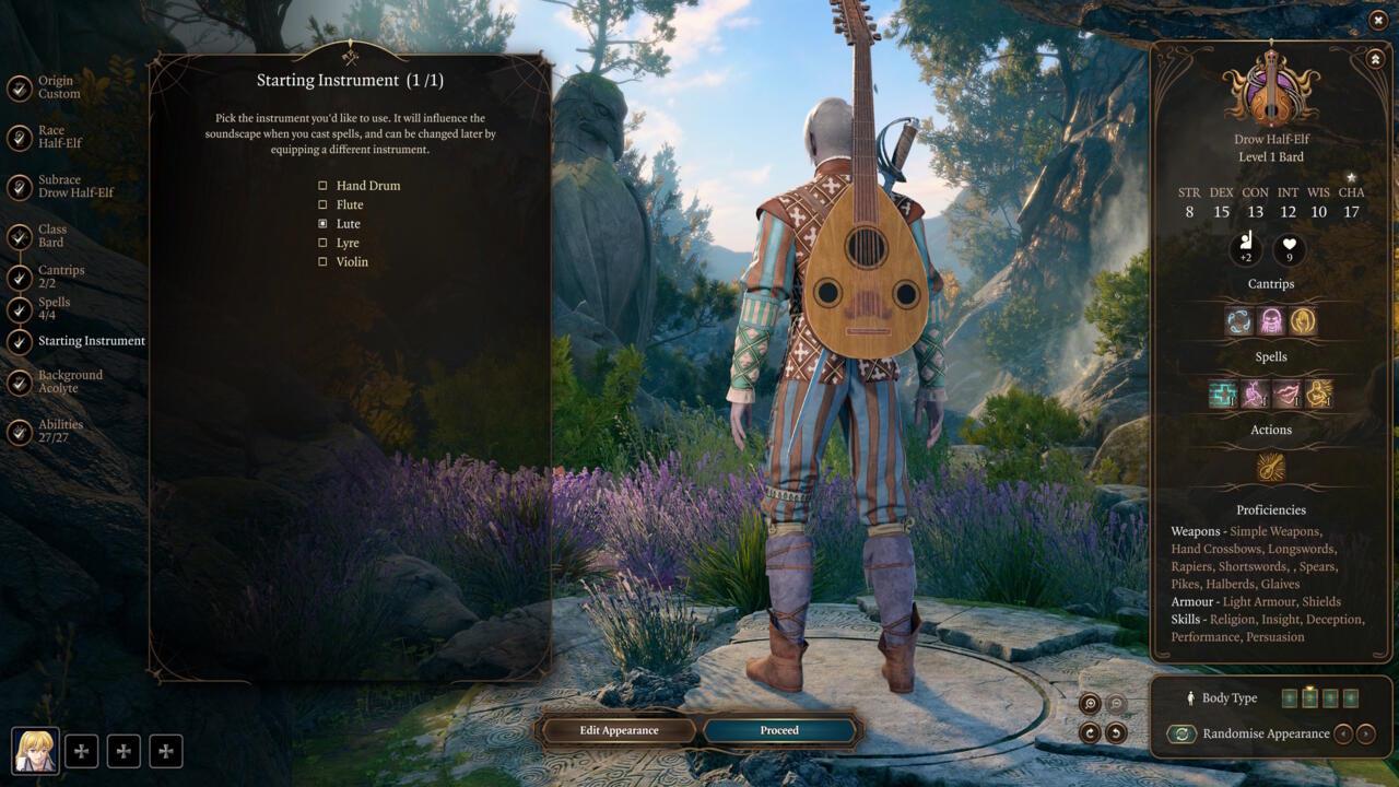 Your starting instrument has no effect on your Bard's skills, so pick whichever you like.