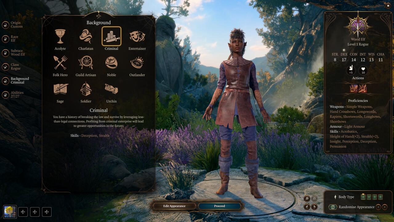 Your background provides boosts to your base skills, and Criminal is a great choice for Rogues.