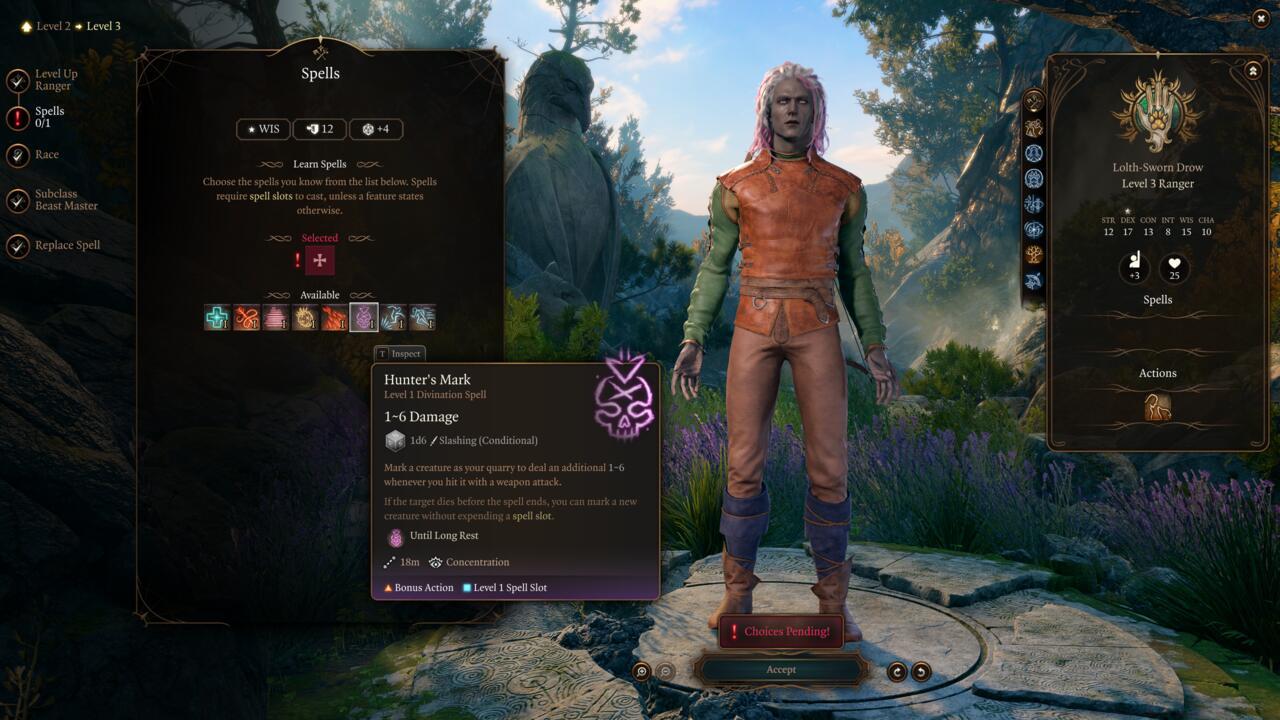 Ranger spell selection interface showing available options
