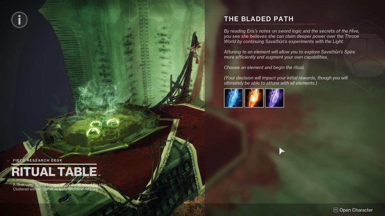 Head over to the Ritual Table at the HELM space to pick an element for attunement.