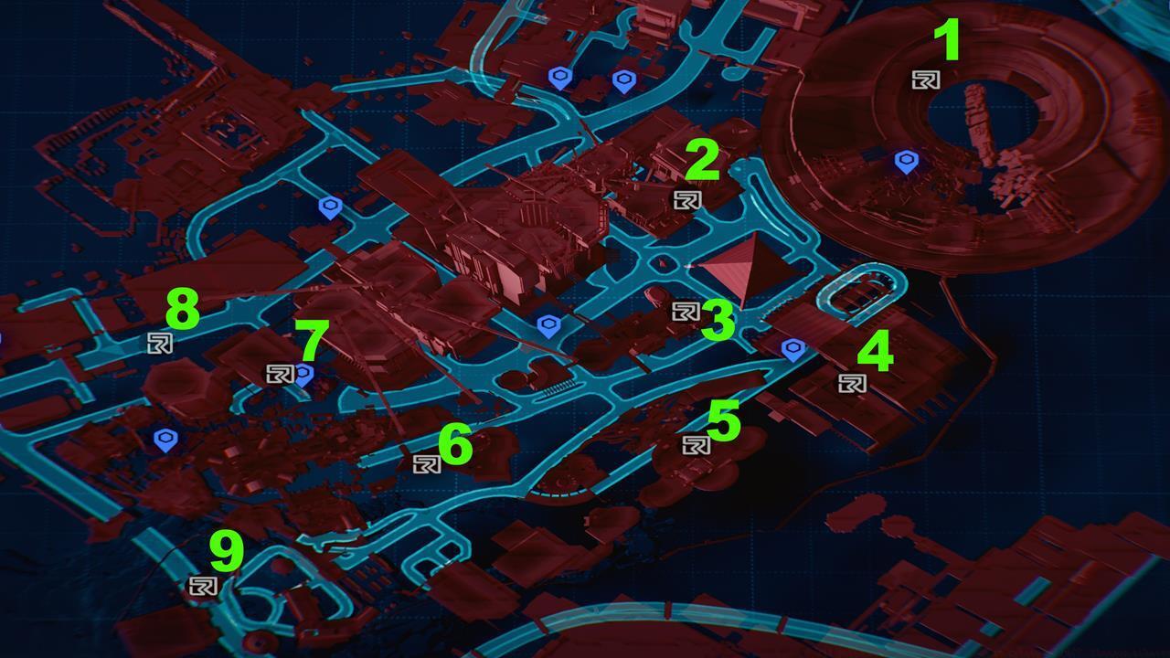 The map shows the Relic Terminal locations in Dogtown, and we've numbered them accordingly.