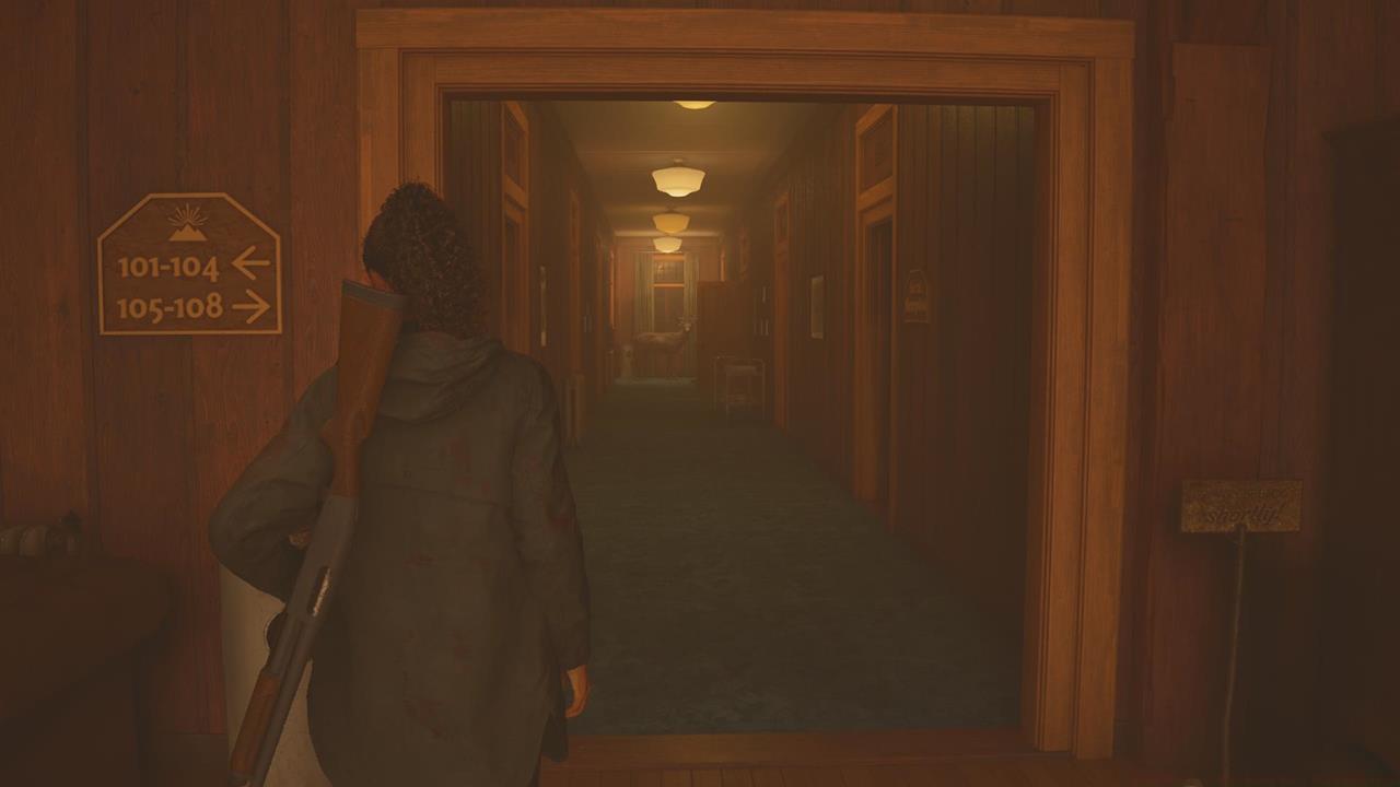 A lone deer appears at the end of the hallway in Elderwood Palace Lodge.