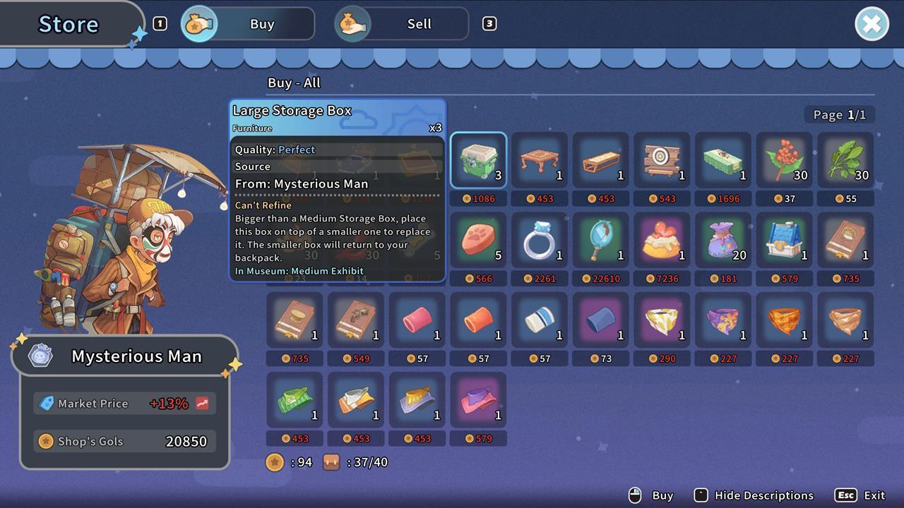 The Large Storage Box sold by the Mysterious Man is quite expensive.