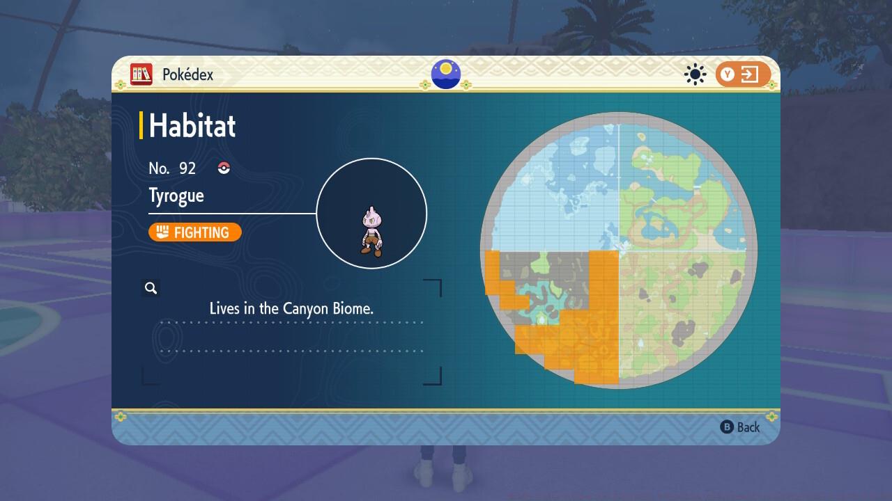 Tyrogue can be found in the Canyon Biome in the southeastern region.