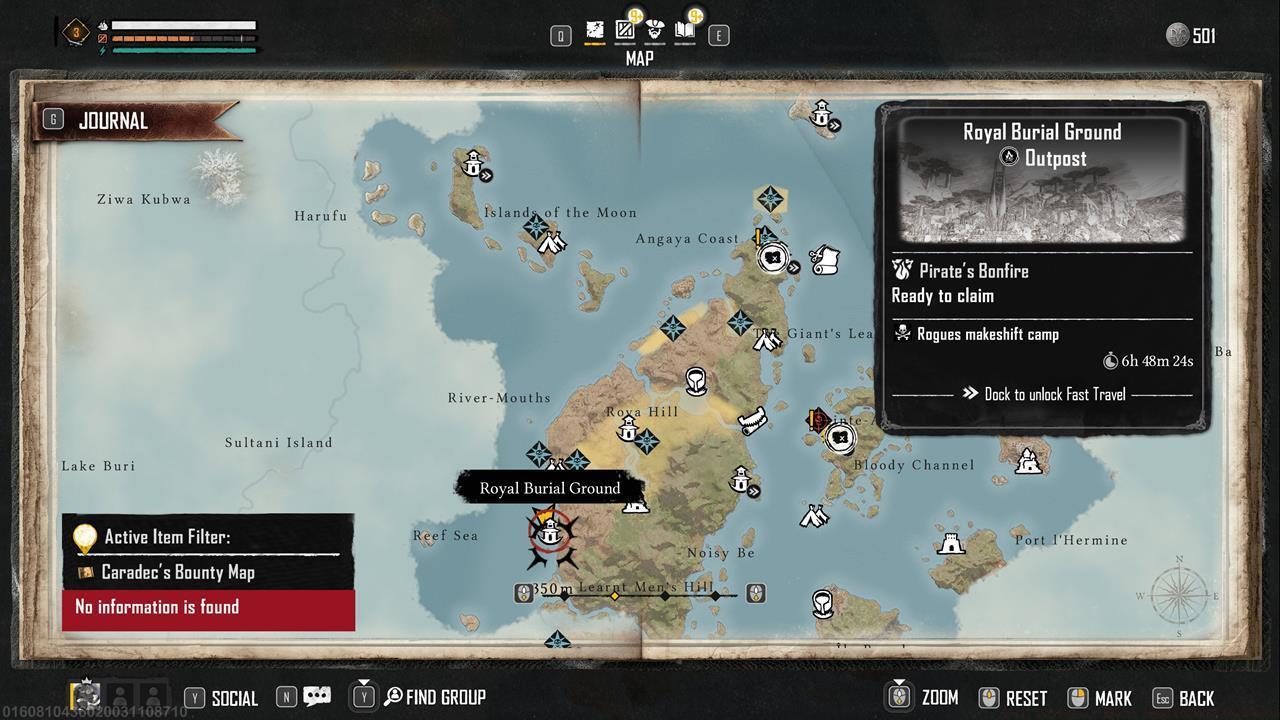 Sail to the south to find the Royal Burial Ground outpost.