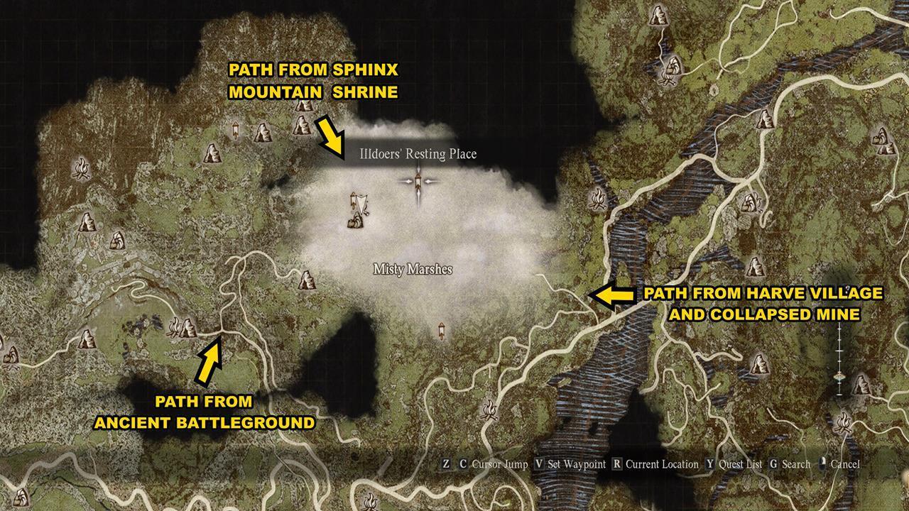 A map showing the paths that lead to the Misty Marshes and Illdoers' Resting Place.