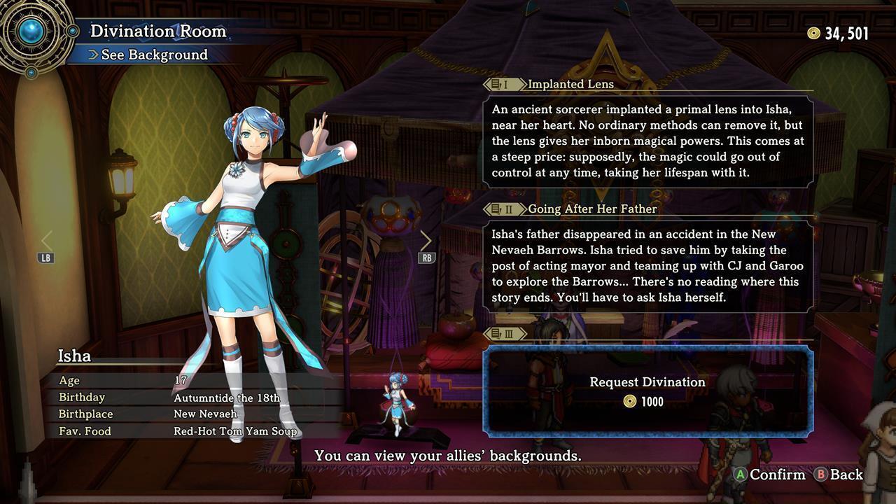 Using the Divination option to see a character's background