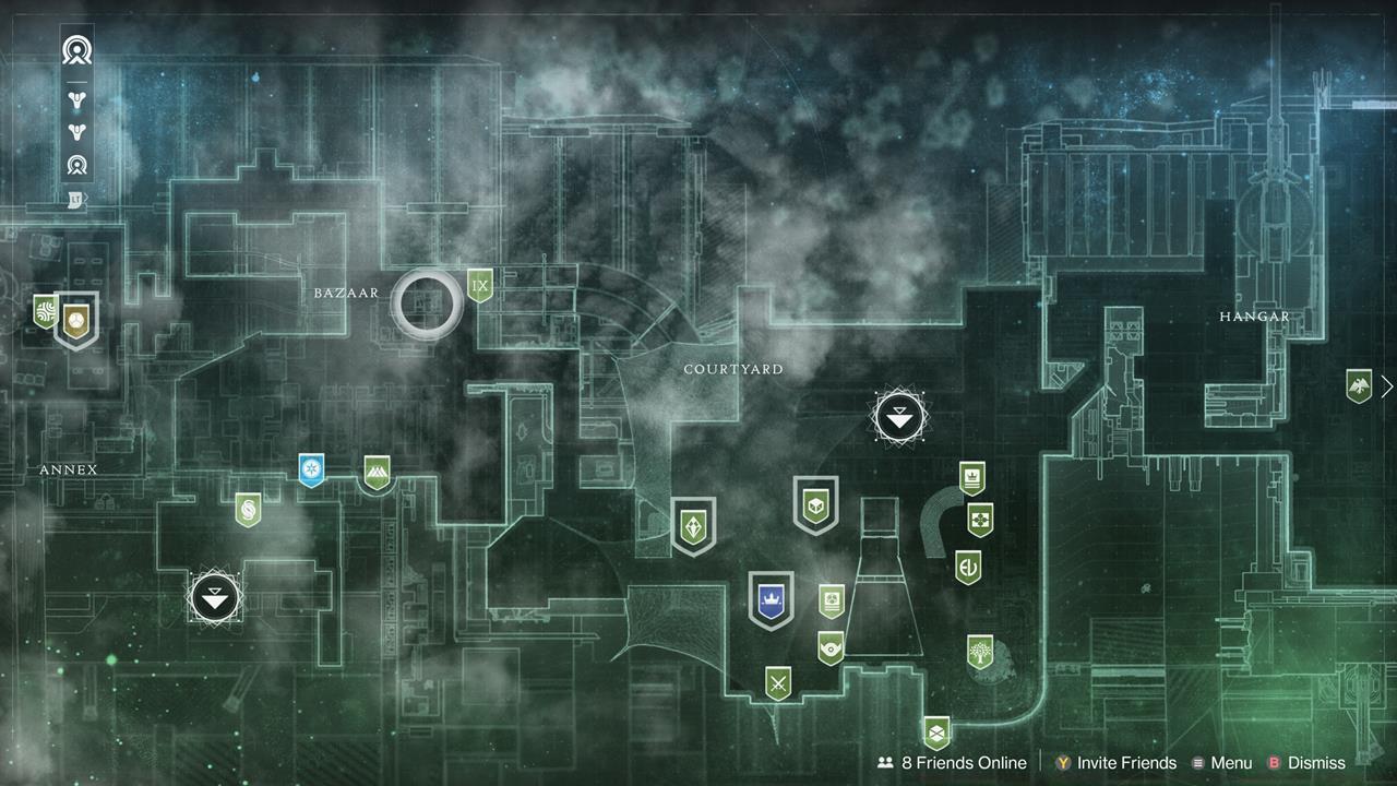 Xur's location--as indicated by the IX mark--in the Tower.