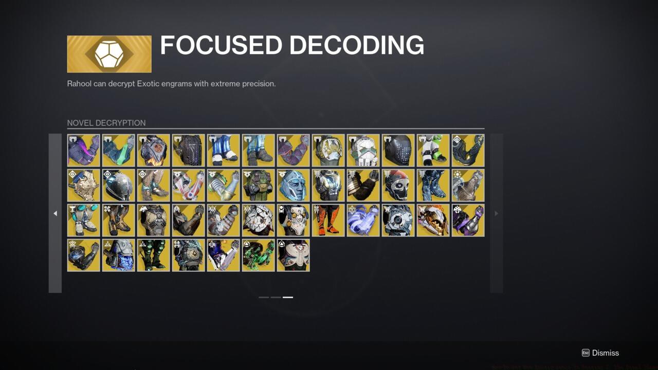 Tier 3 Focused Decoding, otherwise called Novel Decryption, lets you buy any Exotic armor in the game as long as you have an Engram and an Exotic Cipher.