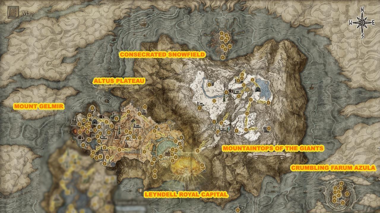 Northern regions: Altus Plateau, Mount Gelmir, Leyndell, Mountaintops of the Giants, and Crumbling Farum Azula