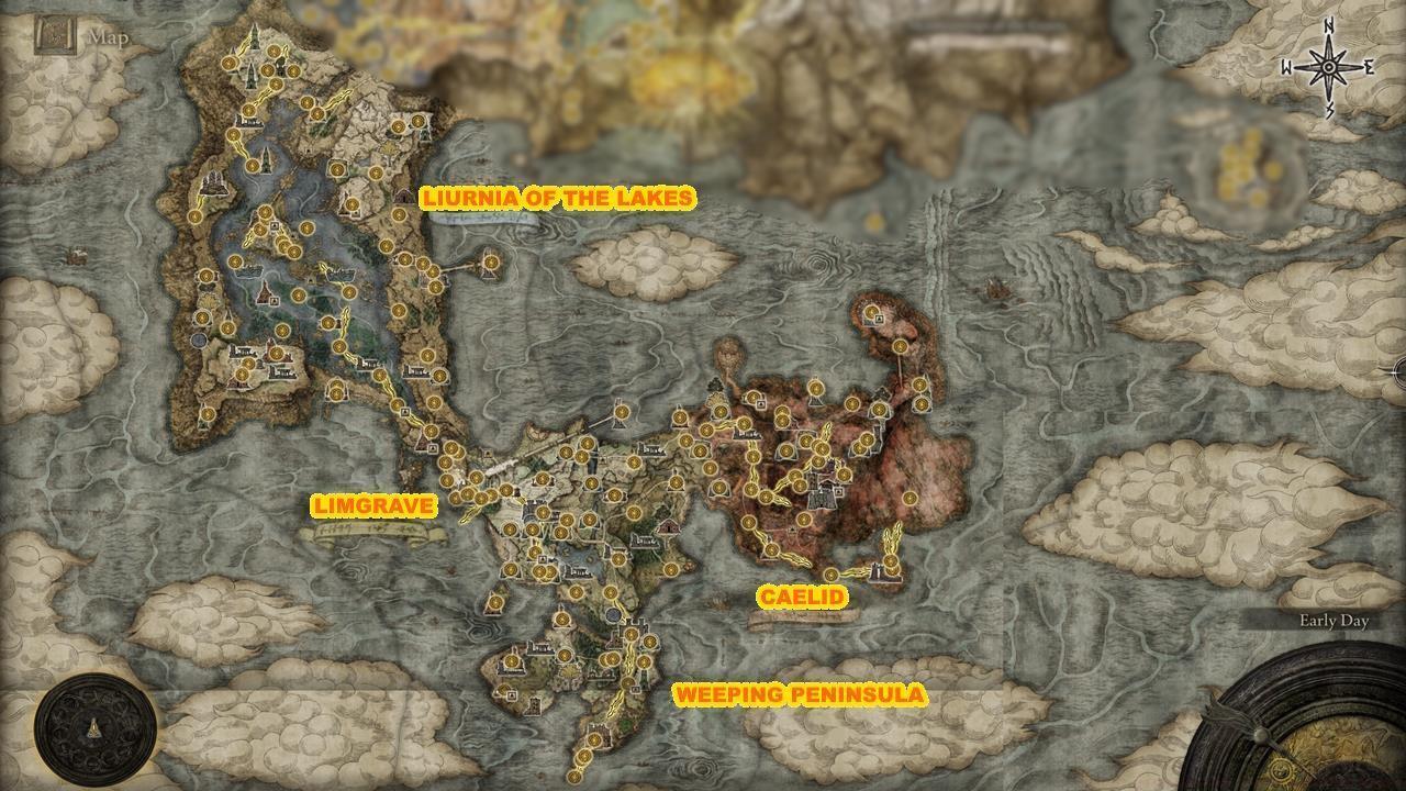 Southern regions: Limgrave, Weeping Peninsula, Liurnia of the Lakes, and Caelid