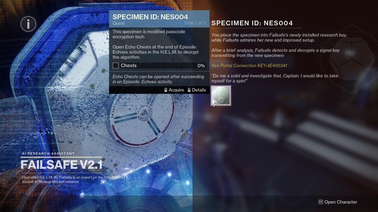 Specimen ID: NES004 unlocks the next vendor upgrade for Failsafe, but not the one you want.