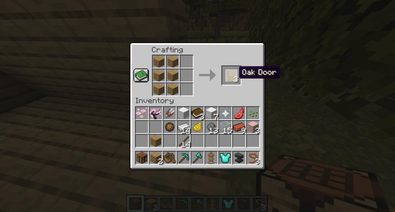 The crafting recipe for a door in Minecraft