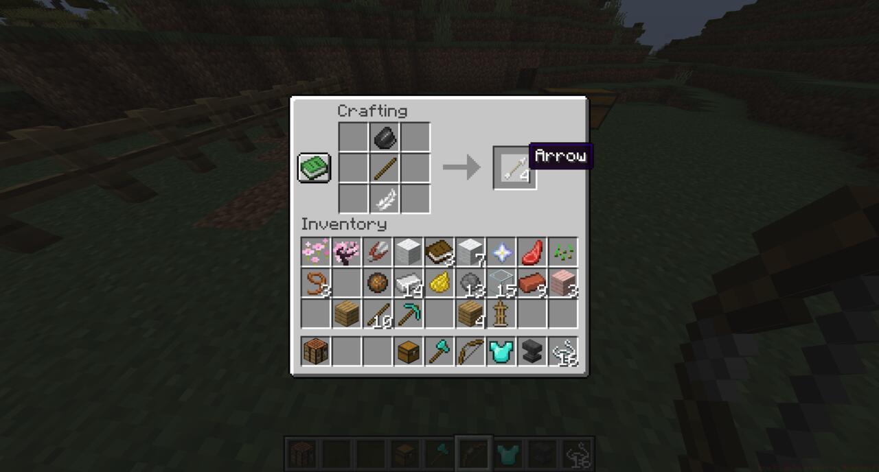 The crafting recipe for arrows in Minecraft