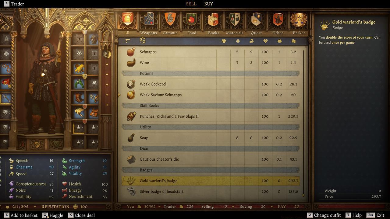 Buying dice and badges from merchants