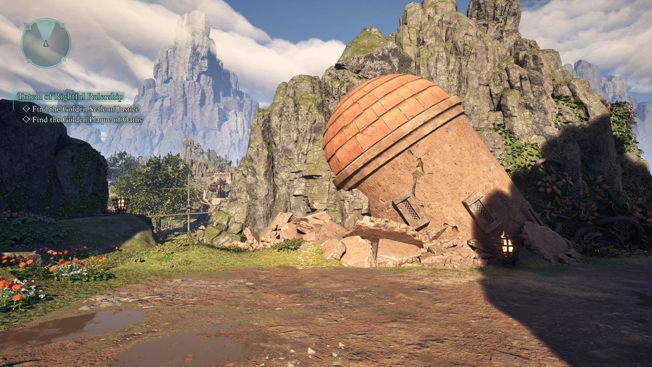 Follow the path to the left of these ruins, where the lit flame is.