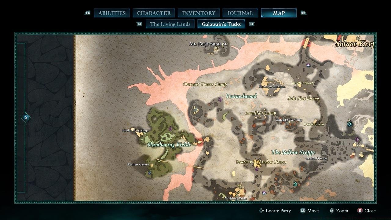 The treasure can be found in a set of ruins south of Outcast Tower Camp.