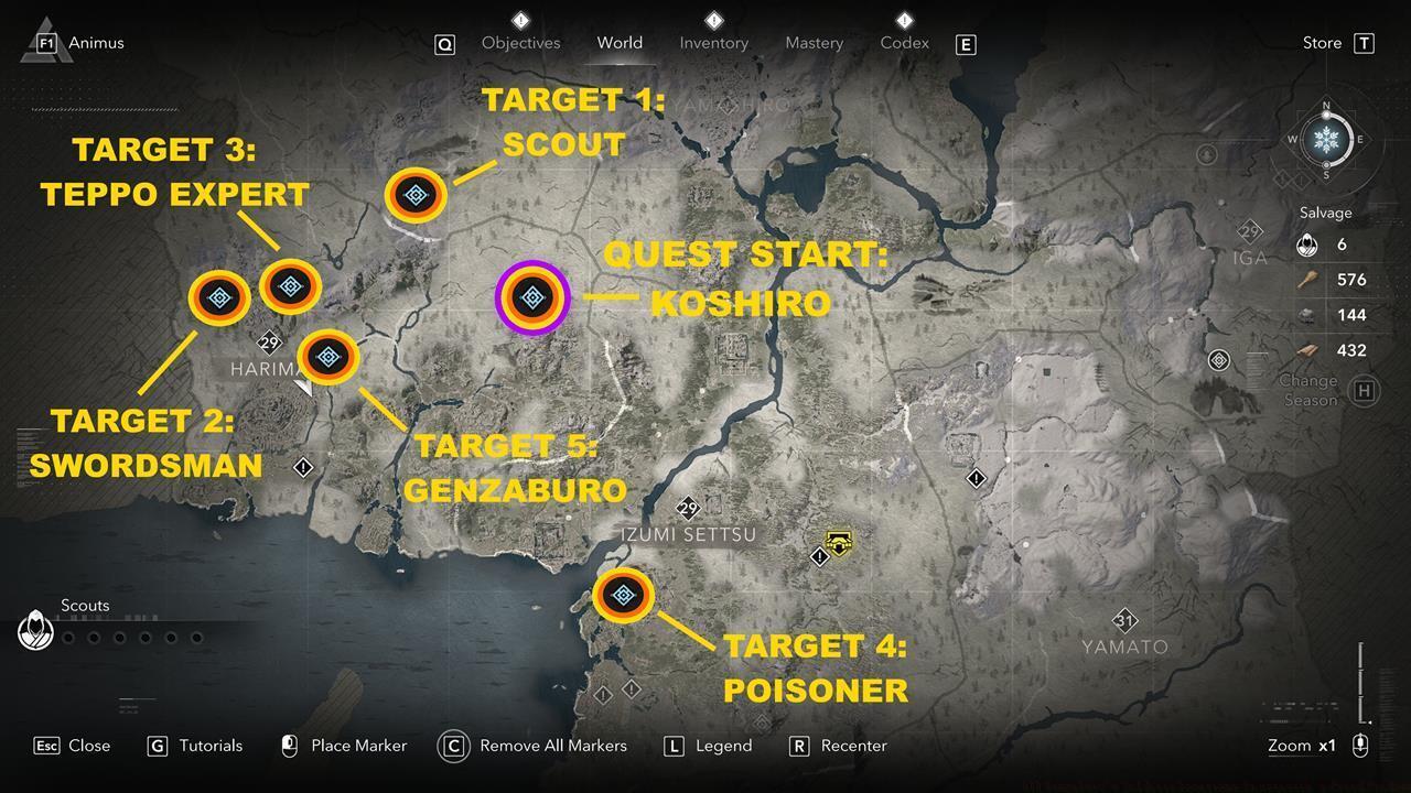 Map of locations: Koshiro and Genzaburo's Soldiers