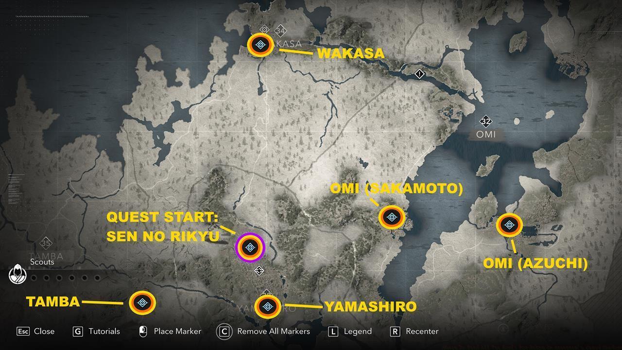 Map of locations of the remaining tea bowls