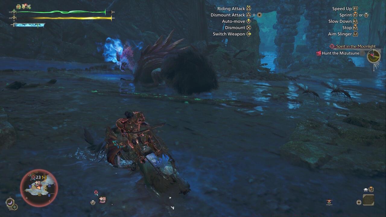 Mizutsune uses the forest's waterways to get around. Look for chances to use rocks and branches to damage it while it travels.