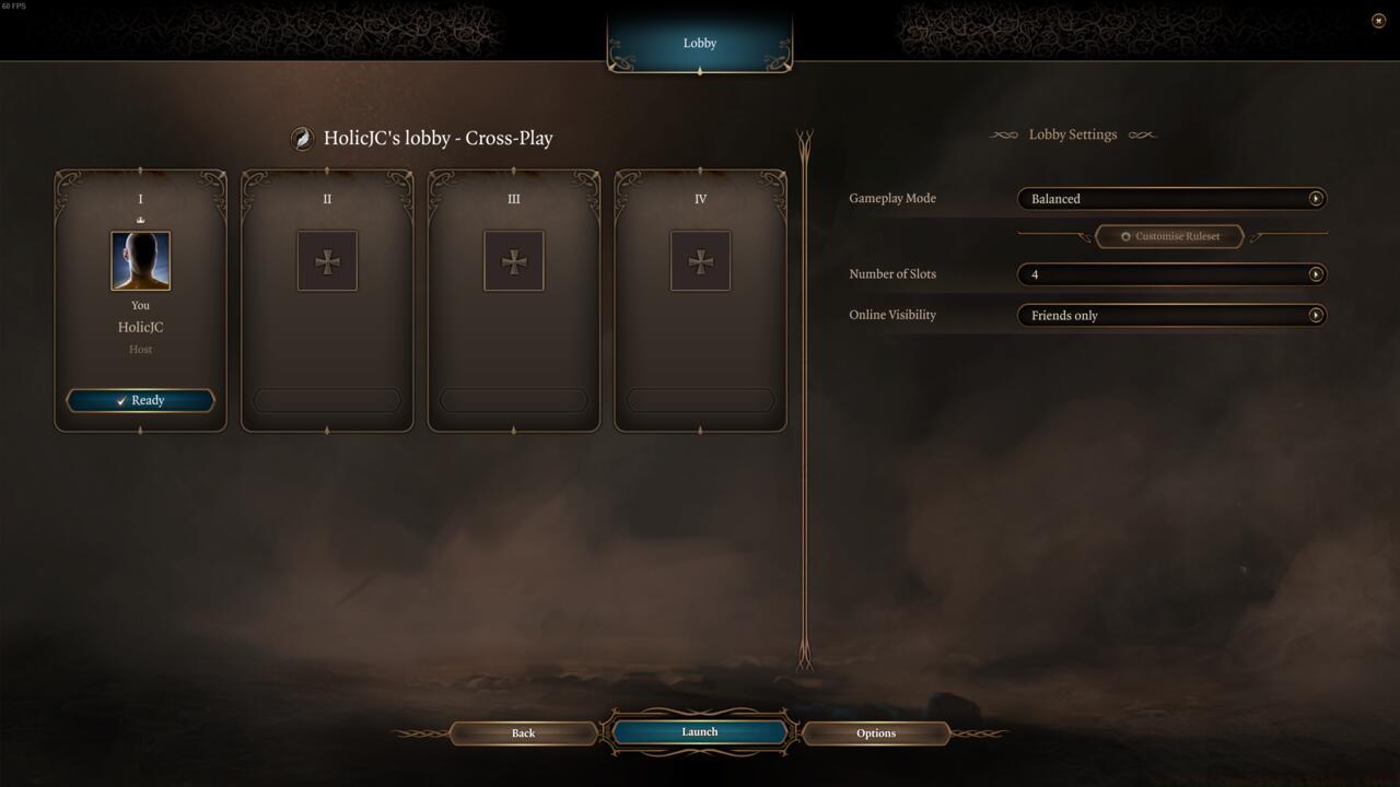 The cross-play lobby screen in Baldur's Gate 3
