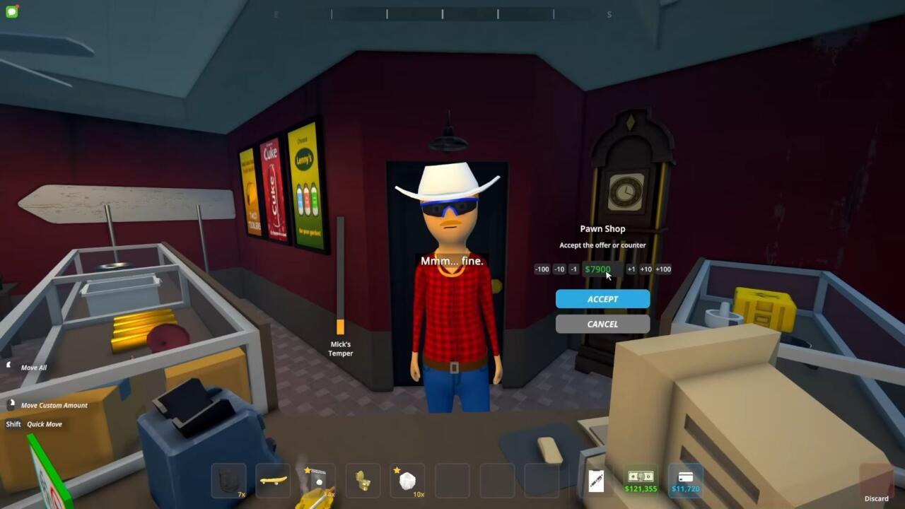 Barter with Mick at the pawn shop to sell gold bars.