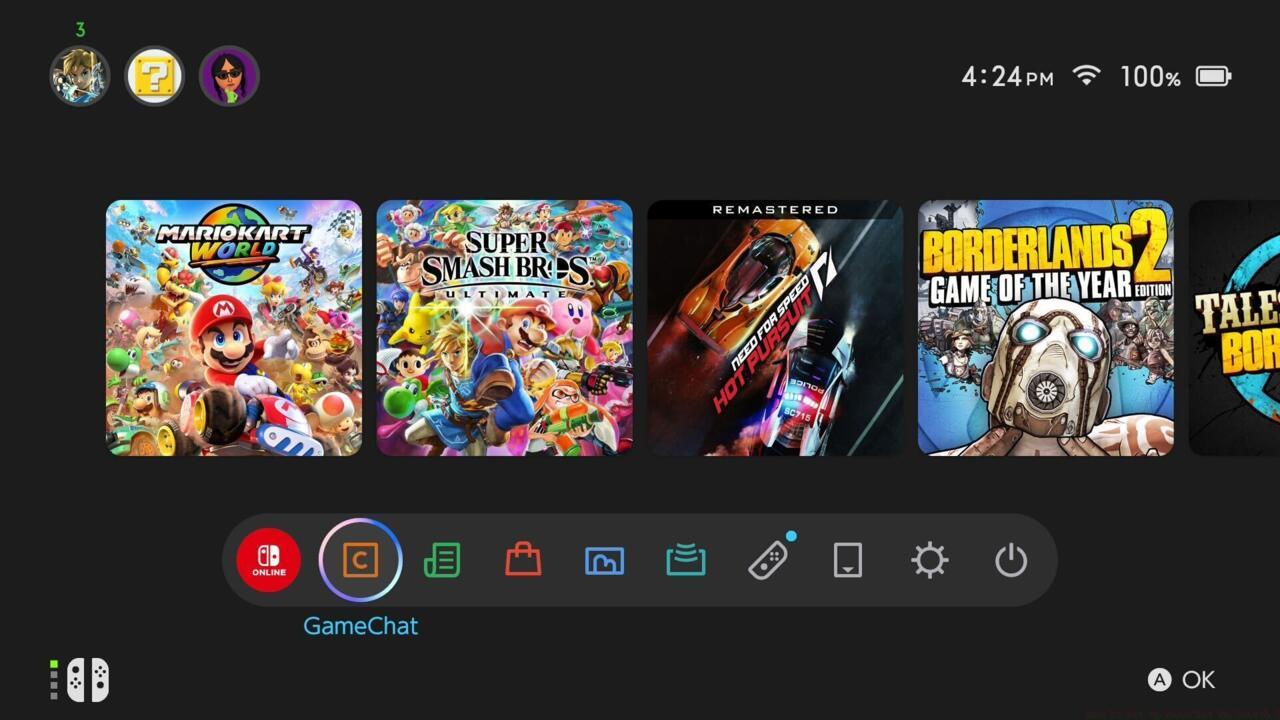The GameChat icon is next to the Nintendo Switch Online icon on the home screen.