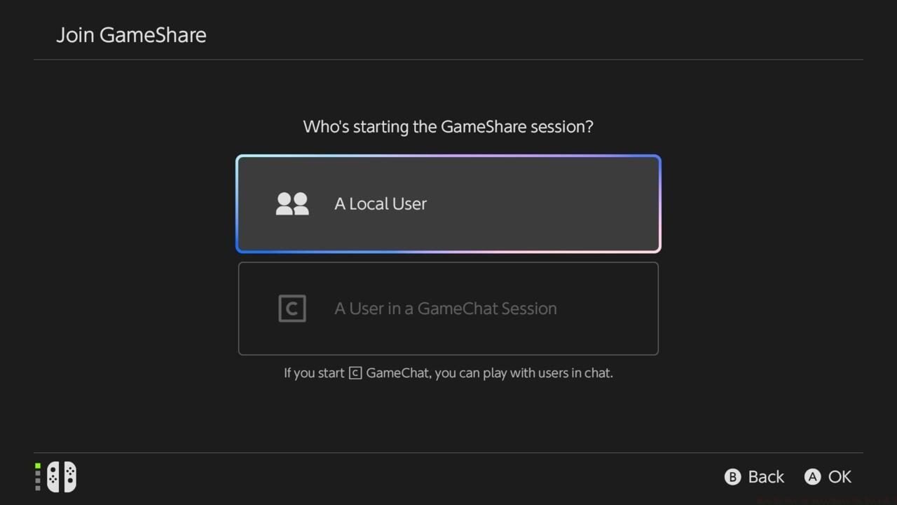 As the player who is joining, choose whether the GameShare is local or through GameChat.