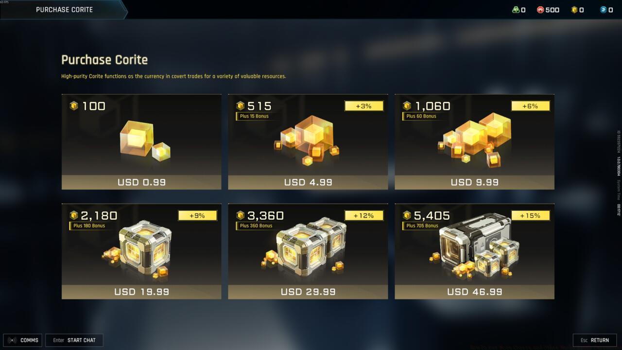 The Corite purchasing menu in Mecha Break