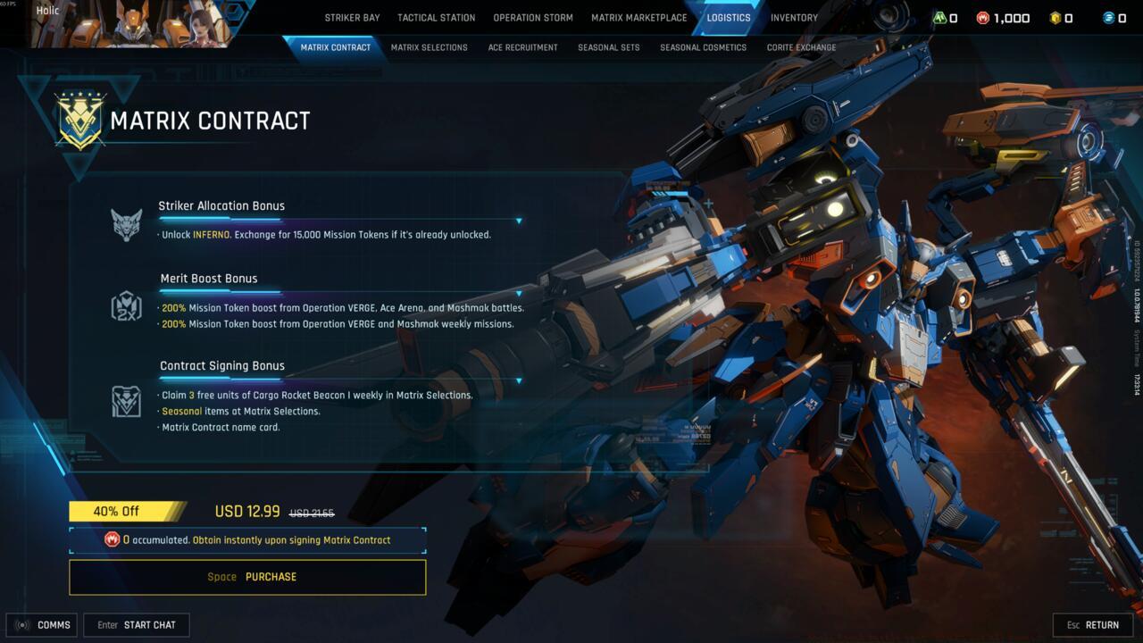 The Matrix Contract screen in Mecha Break