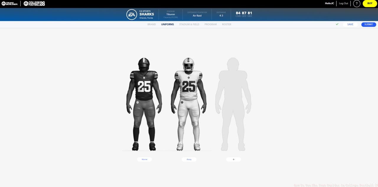 The uniform section of Team Builder