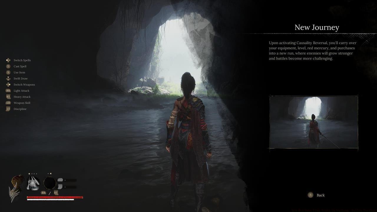 Wuchang wakes up in the same cave upon starting New Game Plus.