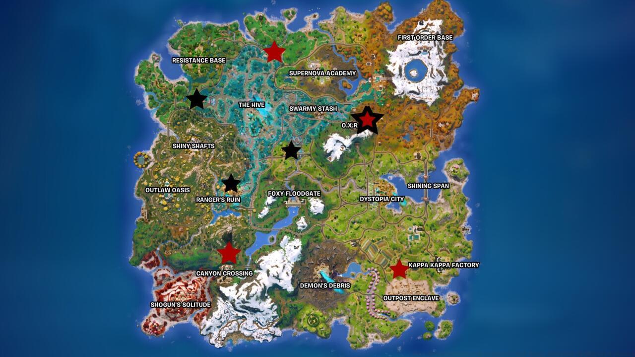 There are five guaranteed spawns (red) and three other potential spawn locations (black) for Hammerhead Choppas.