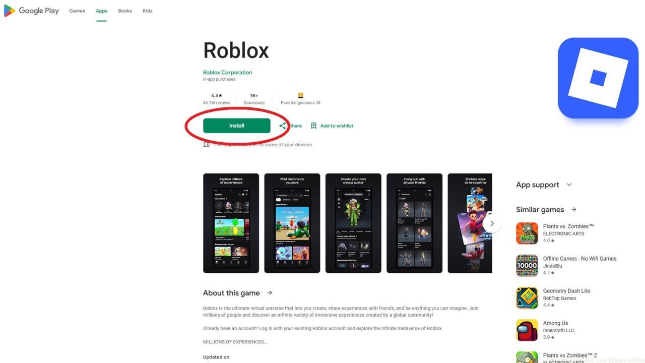 This is the PC version of the Google Play Store page for Roblox, but the links below work for your chosen device too.