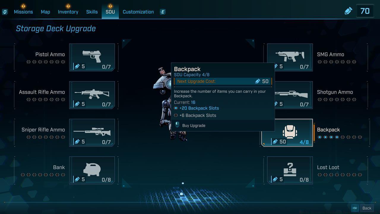 Collectibles and side objectives net you SDUs for utility and storage functions.
