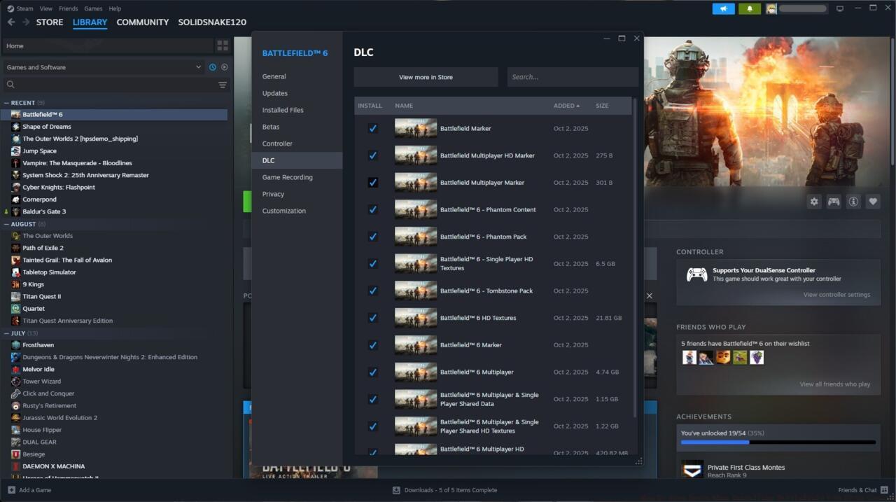 Installing different parts of Battlefield 6 on Steam