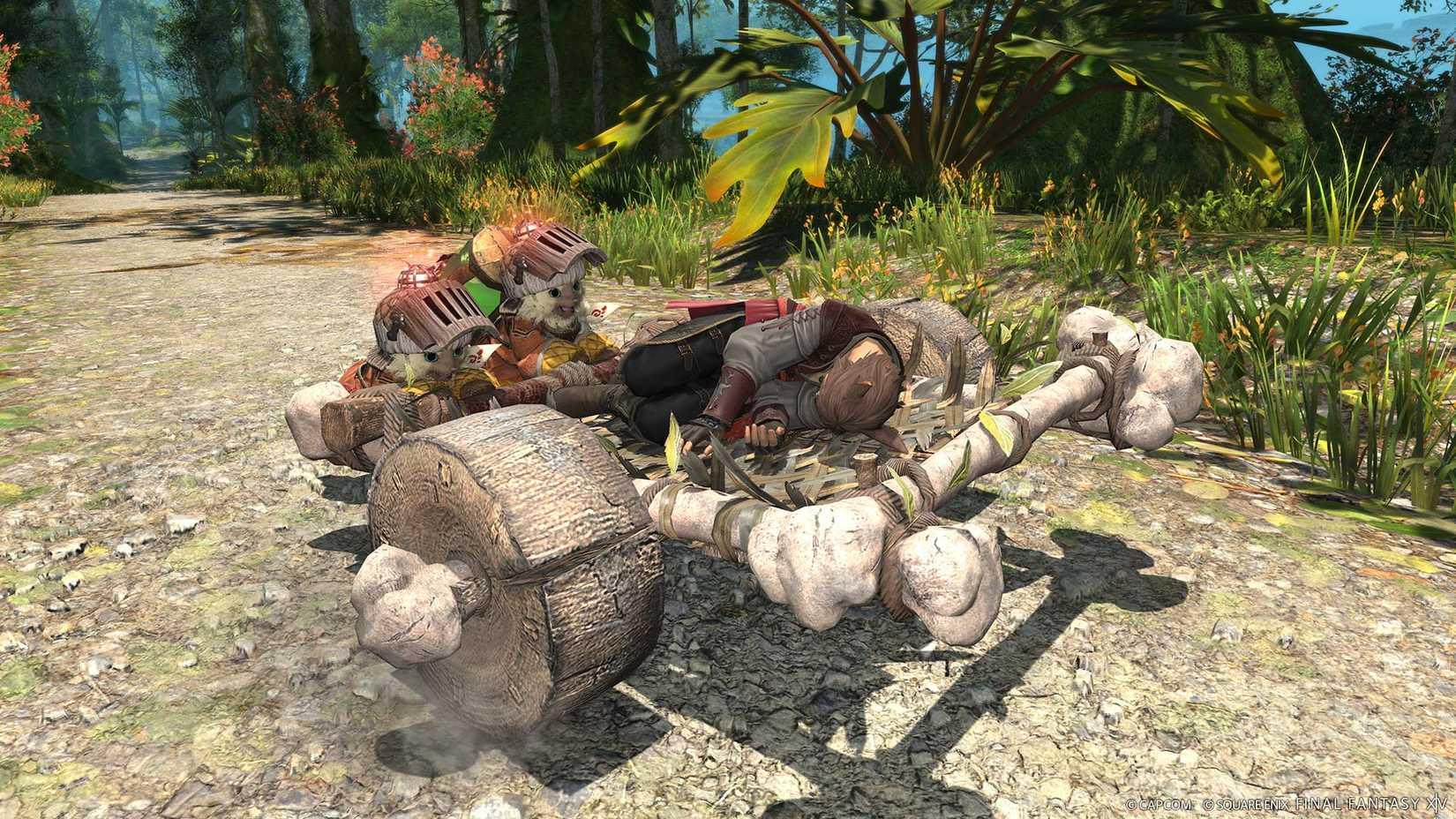 Two Felynes from Monster Hunter push a downed FFXIV character on a cart made from wood and bones.
