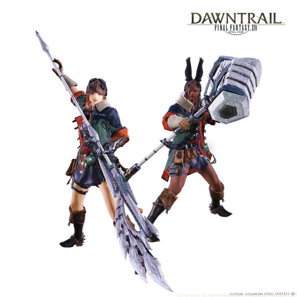 Two FFXIV characters holding Veldian weapons while wearing the Hope armor from Monster Hunter Wilds.
