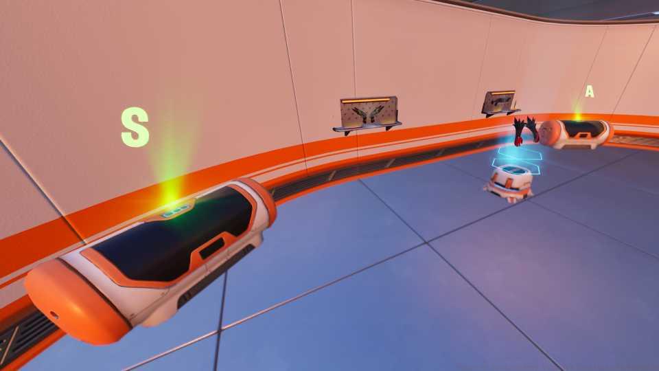 A closed vault in Fortnite containing ranked chests, wall stand weapons, and a stand holding a floating item.