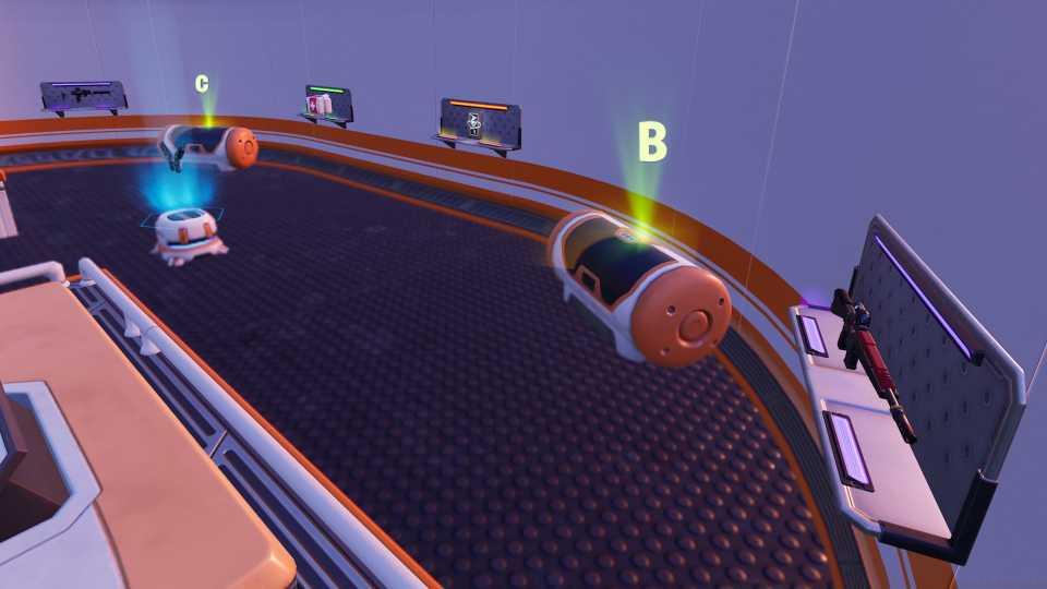 An area in Fortnite containing wall stands holding weapons, ranked chests, and a stand with a floating item.