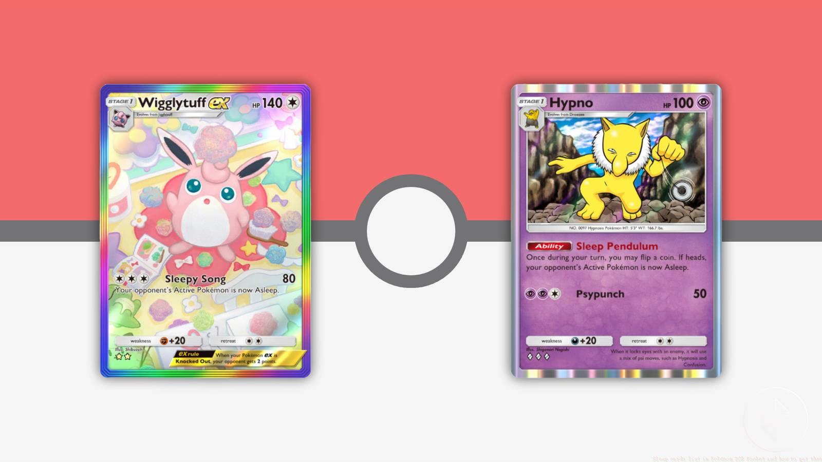 Wigglytuff ex and Hypno Pokemon TCG pocket cards atop a Pokeball background.