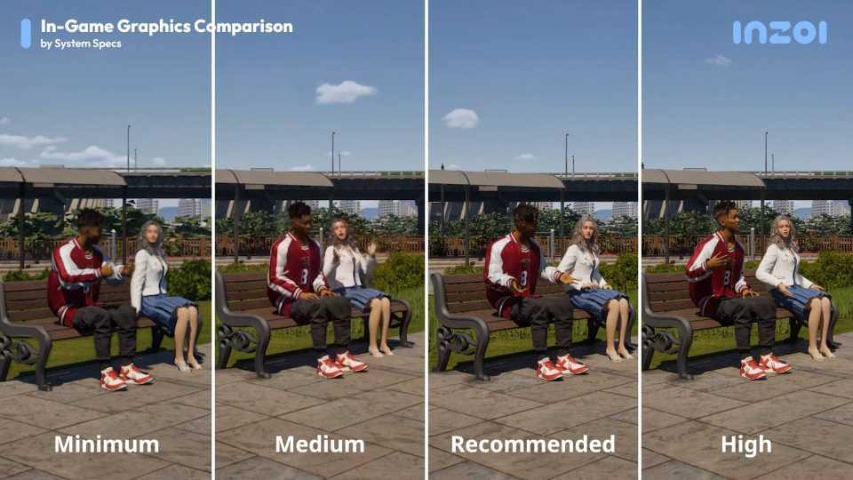 A couple of Zois talking on a bench shown at four different optimal quality settings in InZoi.