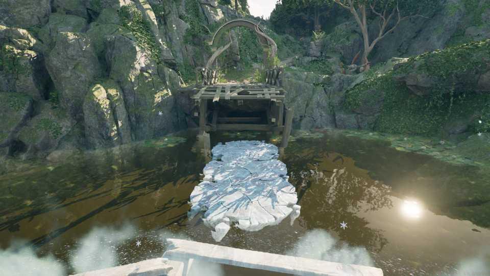A frozen path made out of ice to connect a broken bridge in Avowed.