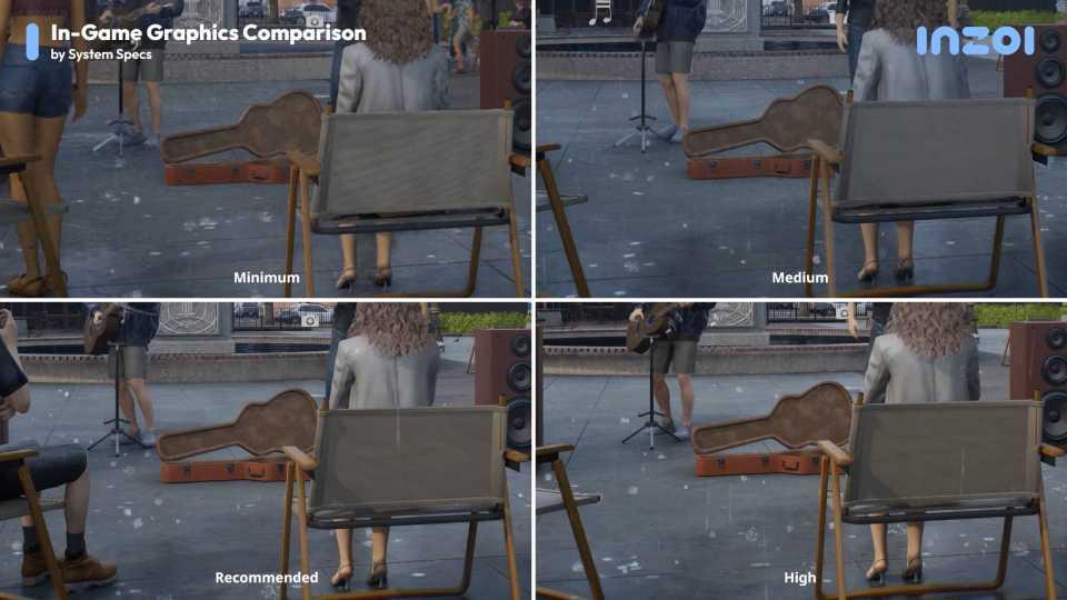 Zois watching a busking performance in the rain at four different quality settings in inZoi.