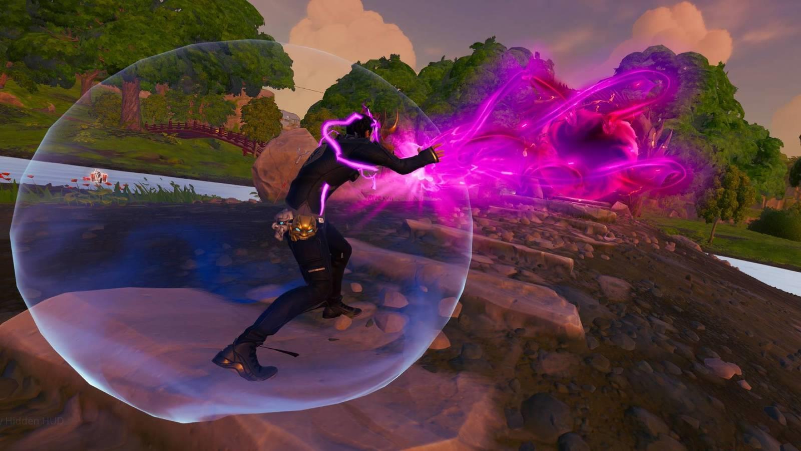 Daigo channeling a spell on a Dragon portal in Fortnite.